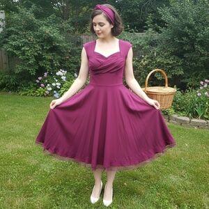 MUXXN Retro Magenta Pinup Swing Dress w/ Tulle Trim | L